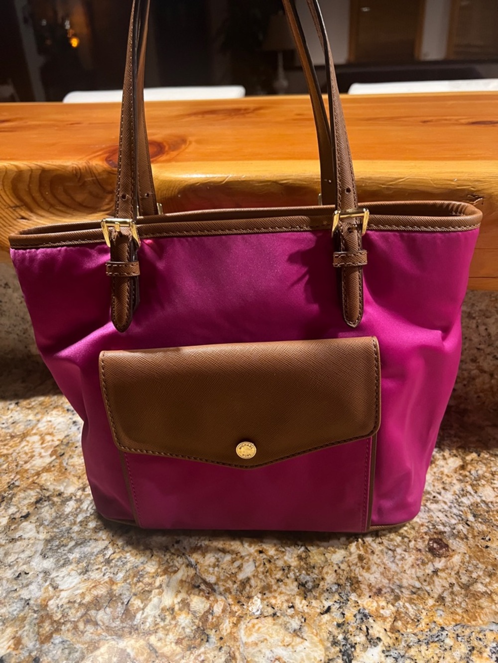 Michael Kors Fuchsia Tote with Brown Trim